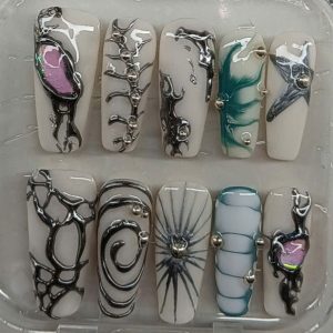 1. Product Name (Tên sản phẩm) Pro Nails Exclusive: Cyber Liquid Metal Sci-Fi Press-On Set